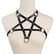 Leather faux-leather vegan-leather elastic accessories harness chest-harness chest-wrap pentagram star-shaped O-ring adjustable buckle strappy stretchy edgy fitted fetish fashion alt-fashion punk goth gothic gothic-doll bondage bdsm bdsm-fashion kink kink kinkwear costume cosplay halloween halloween-accessories devil demon succubus female femme feminine womens black