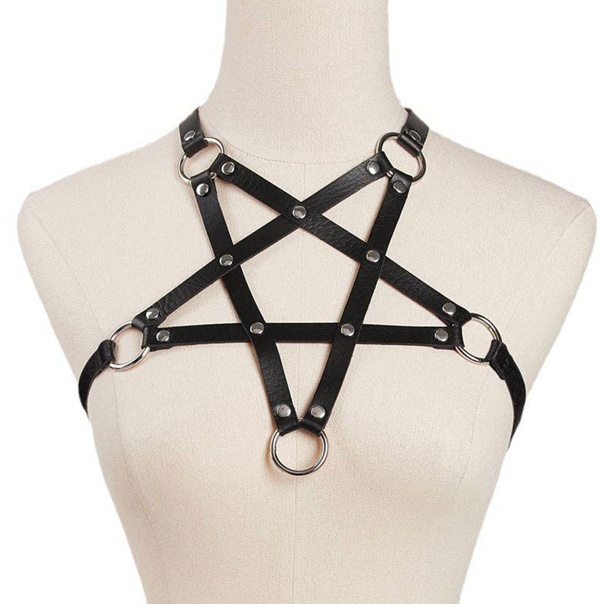 Leather faux-leather vegan-leather elastic accessories harness chest-harness chest-wrap pentagram star-shaped O-ring adjustable buckle strappy stretchy edgy fitted fetish fashion alt-fashion punk goth gothic gothic-doll bondage bdsm bdsm-fashion kink kink kinkwear costume cosplay halloween halloween-accessories devil demon succubus female femme feminine womens black
