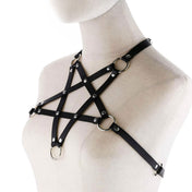 Leather faux-leather vegan-leather elastic accessories harness chest-harness chest-wrap pentagram star-shaped O-ring adjustable buckle strappy stretchy edgy fitted fetish fashion alt-fashion punk goth gothic gothic-doll bondage bdsm bdsm-fashion kink kink kinkwear costume cosplay halloween halloween-accessories devil demon succubus female femme feminine womens black