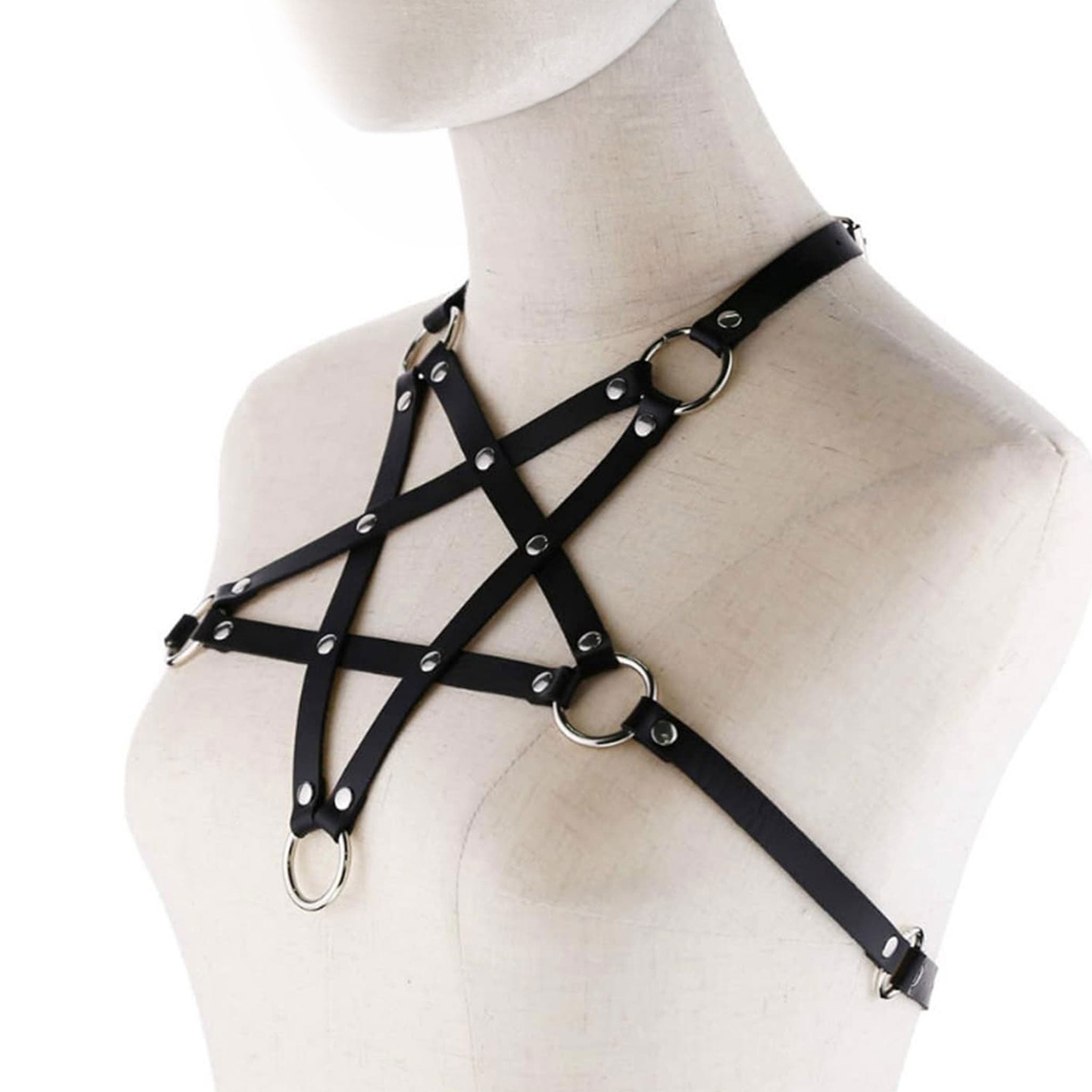 Leather faux-leather vegan-leather elastic accessories harness chest-harness chest-wrap pentagram star-shaped O-ring adjustable buckle strappy stretchy edgy fitted fetish fashion alt-fashion punk goth gothic gothic-doll bondage bdsm bdsm-fashion kink kink kinkwear costume cosplay halloween halloween-accessories devil demon succubus female femme feminine womens black
