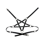 Leather faux-leather vegan-leather elastic accessories harness chest-harness chest-wrap pentagram star-shaped O-ring adjustable buckle strappy stretchy edgy fitted fetish fashion alt-fashion punk goth gothic gothic-doll bondage bdsm bdsm-fashion kink kink kinkwear costume cosplay halloween halloween-accessories devil demon succubus female femme feminine womens black