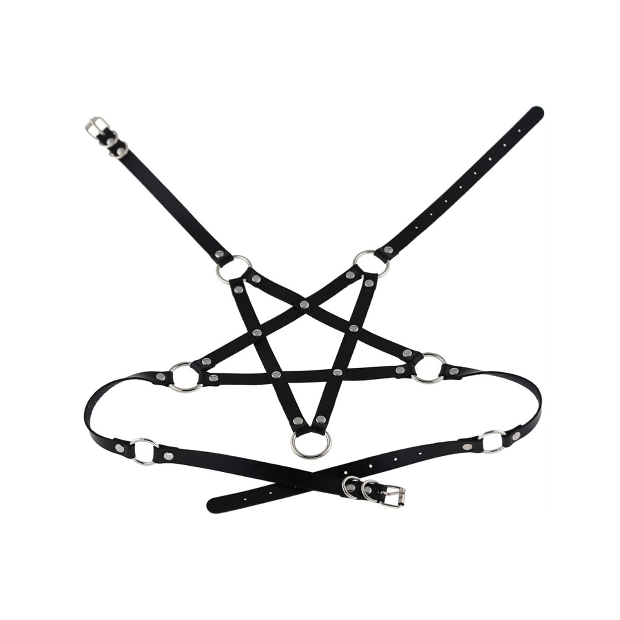 Leather faux-leather vegan-leather elastic accessories harness chest-harness chest-wrap pentagram star-shaped O-ring adjustable buckle strappy stretchy edgy fitted fetish fashion alt-fashion punk goth gothic gothic-doll bondage bdsm bdsm-fashion kink kink kinkwear costume cosplay halloween halloween-accessories devil demon succubus female femme feminine womens black