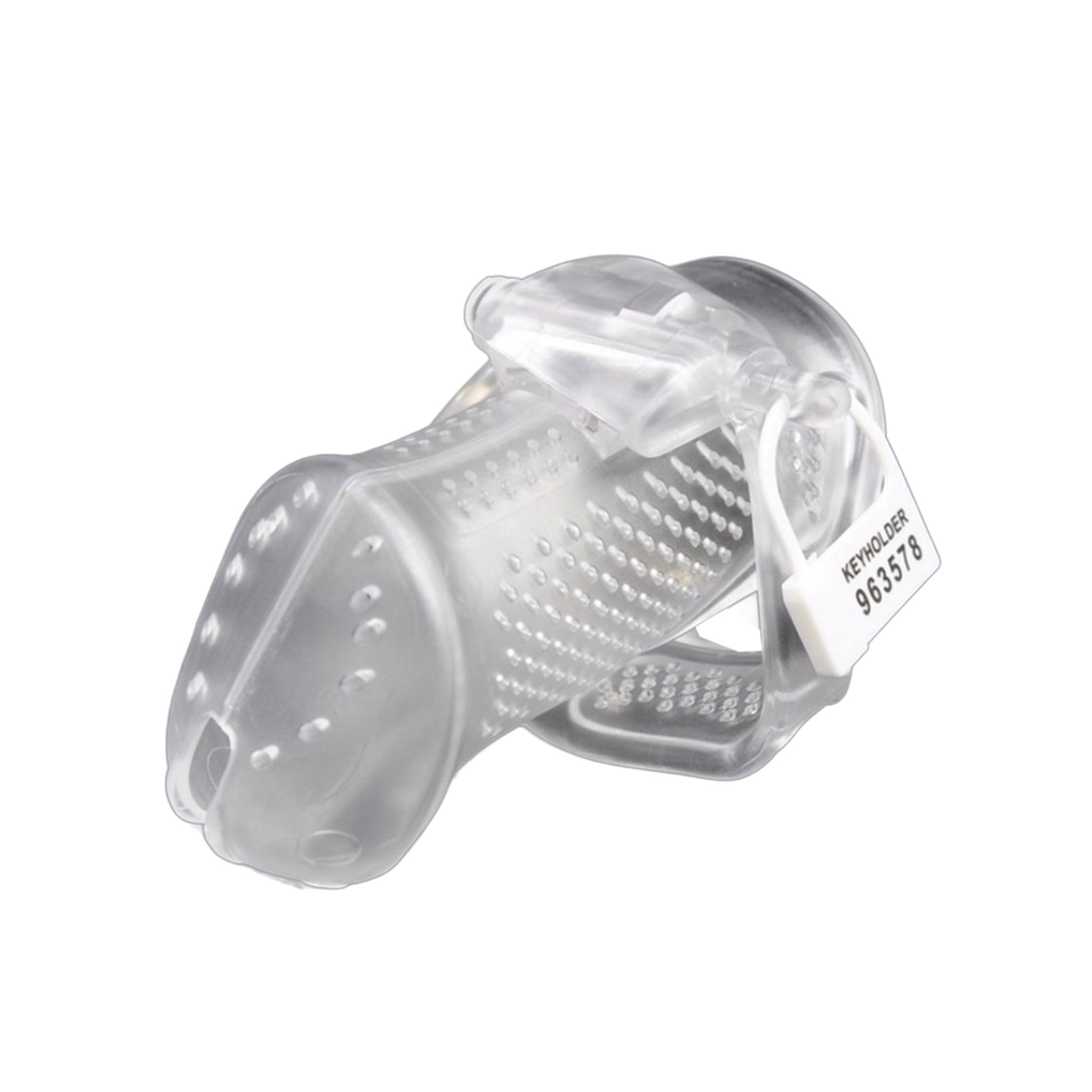 ABS-plastic accessories cockring cock-ring cage base-ring perforated frosted long male-chastity chastity locking lockable plastic-pin brass-pin breathable bdsm bondage bdsm-gear bdsm-toys restraint denial kink kinky kinky-play kinky-toys male masculine masc mens guys dudes adult-toys clear