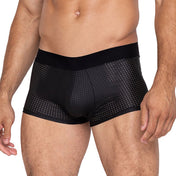 Nylon spandex elastic apparel intimates underwear lingerie shorts briefs perforated hole-punched contoured-pouch breathable revealing comfortable playful flirty stretchy fetish fashion alt-fashion bedroom male masculine masc mens menswear guys dudes black