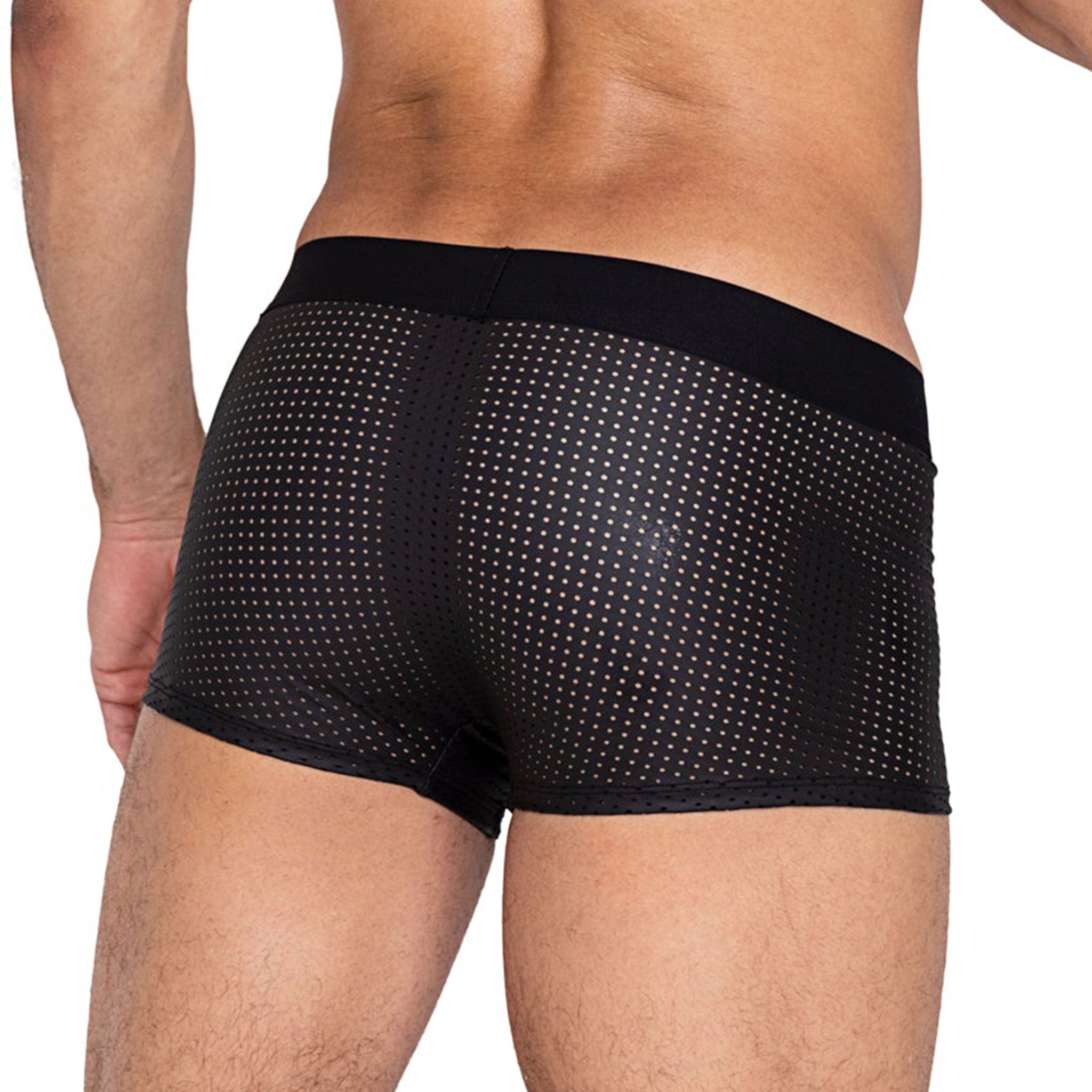 Nylon spandex elastic apparel intimates underwear lingerie shorts briefs perforated hole-punched contoured-pouch breathable revealing comfortable playful flirty stretchy fetish fashion alt-fashion bedroom male masculine masc mens menswear guys dudes black