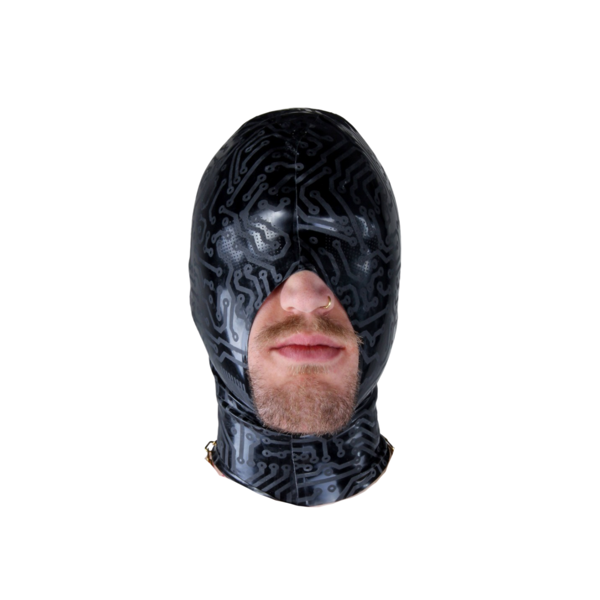 Sleek black latex hood with perforated eyes, open mouth, and hand-cut detailing for a bold fetish look.