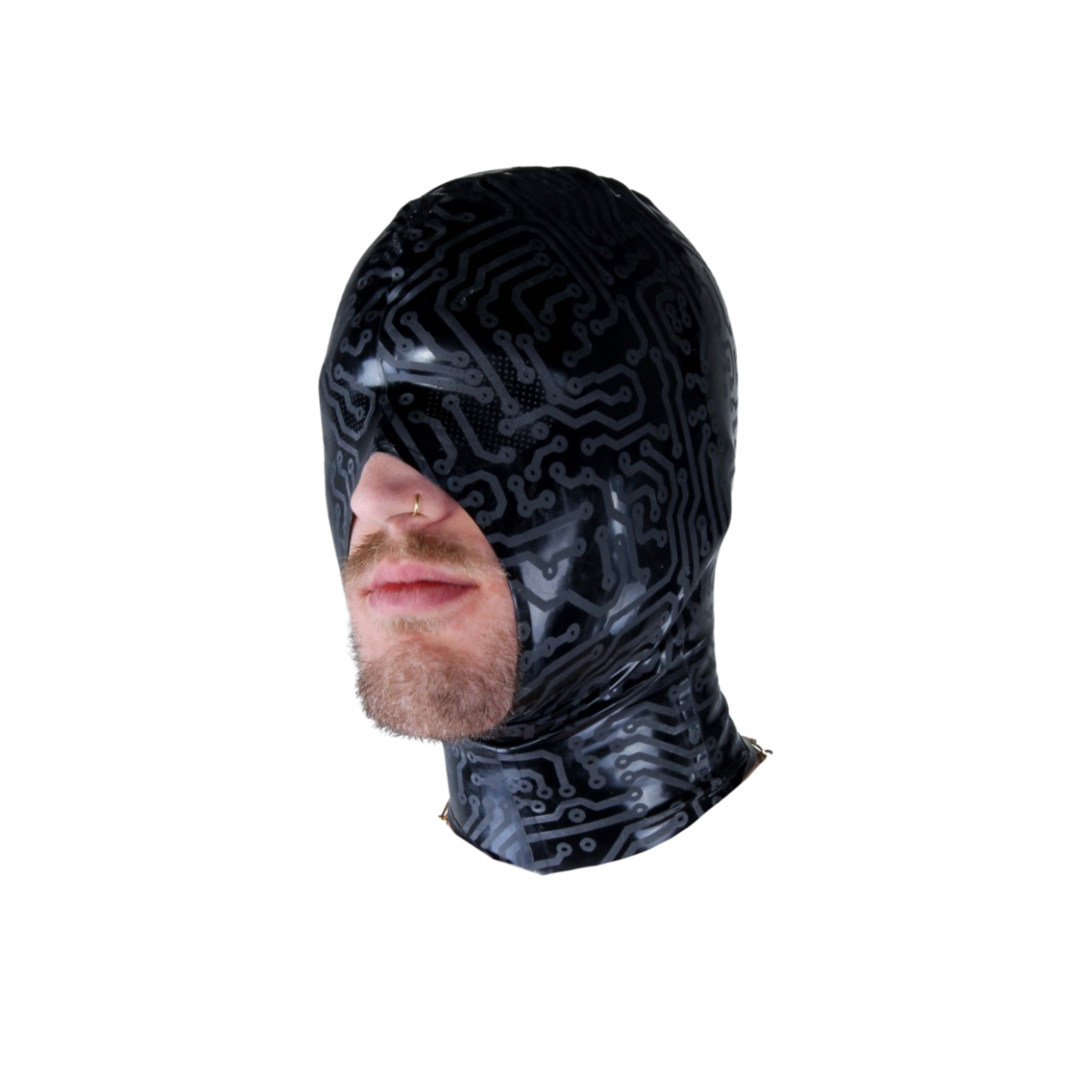 Sleek black latex hood with perforated eyes, open mouth, and hand-cut detailing for a bold fetish look.