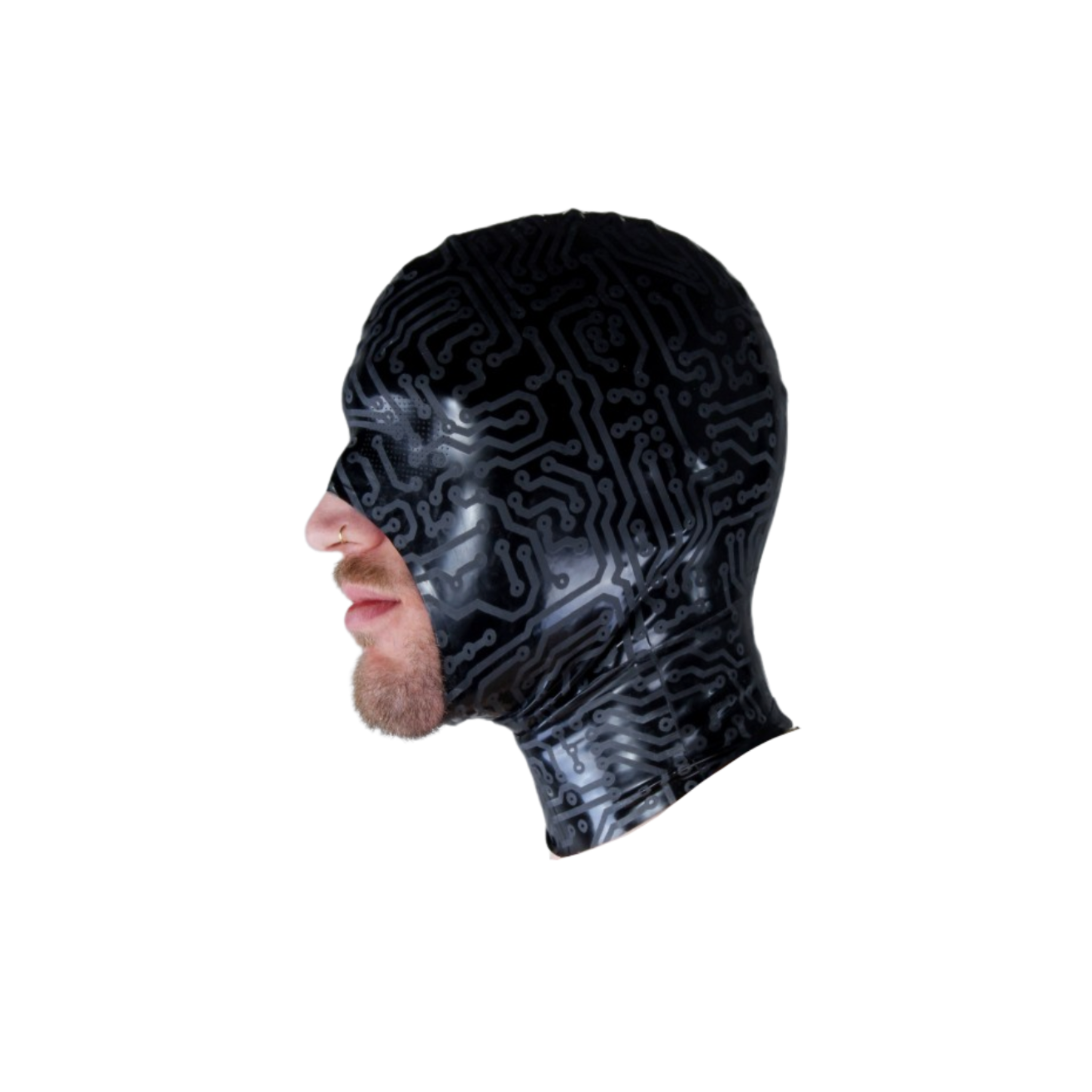 Sleek black latex hood with perforated eyes, open mouth, and hand-cut detailing for a bold fetish look.