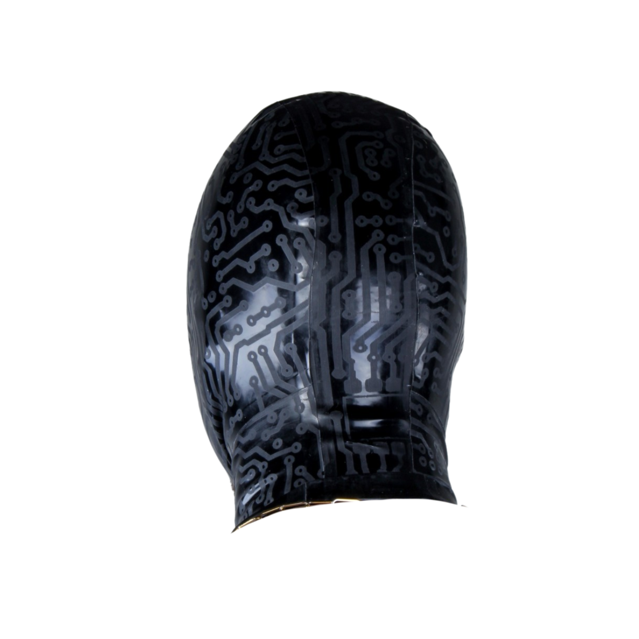 Sleek black latex hood with perforated eyes, open mouth, and hand-cut detailing for a bold fetish look.