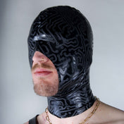 Latex premium-latex hand-cut textured-latex circuit circuit-texture etched-texture accessories hood mask pullover pullon pull-on pull-over open-mouth open nose micro-perforated perforated-eyes anonymity anonymous depersonalization depersonalize shiny cocksucker cock-sucker mystery accessibility breathability fetish-fashion bdsm bondage bondage-hood bondage-gear submissive unisex black