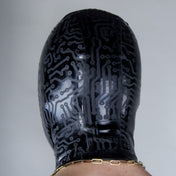 Latex premium-latex hand-cut textured-latex circuit circuit-texture etched-texture accessories hood mask pullover pullon pull-on pull-over open-mouth open nose micro-perforated perforated-eyes anonymity anonymous depersonalization depersonalize shiny cocksucker cock-sucker mystery accessibility breathability fetish-fashion bdsm bondage bondage-hood bondage-gear submissive unisex black