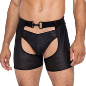 Nylon spandex elastic plastic apparel bottoms chaps shorts perforated hole-punched hook-closure elastic-waistband rear-cutout cut-out hook-and-ring breathable stretchy comfortable edgy stylish fetish fashion alt-fashion dancewear male masculine masc mens menswear guys dudes gay lgbtq black