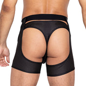 Nylon spandex elastic plastic apparel bottoms chaps shorts perforated hole-punched hook-closure elastic-waistband rear-cutout cut-out hook-and-ring breathable stretchy comfortable edgy stylish fetish fashion alt-fashion dancewear male masculine masc mens menswear guys dudes gay lgbtq black