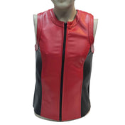 Leather genuine-leather apparel tops vest sleeveless zipper front-zip full-zip full-length crew-neck neck-trim armhole-trim thrill-seeking sleek slim-fit close-fit fetish fashion alt-fashion clubwear partywear streetwear high-fashion costume cosplay halloween biker sportbike street-bike racing motorcycle motorsport racing-vest athletic superhero super-hero valentines gifts male masculine masc mens menswear guys dudes red black
