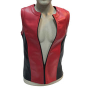Leather genuine-leather apparel tops vest sleeveless zipper front-zip full-zip full-length crew-neck neck-trim armhole-trim thrill-seeking sleek slim-fit close-fit fetish fashion alt-fashion clubwear partywear streetwear high-fashion costume cosplay halloween biker sportbike street-bike racing motorcycle motorsport racing-vest athletic superhero super-hero valentines gifts male masculine masc mens menswear guys dudes red black