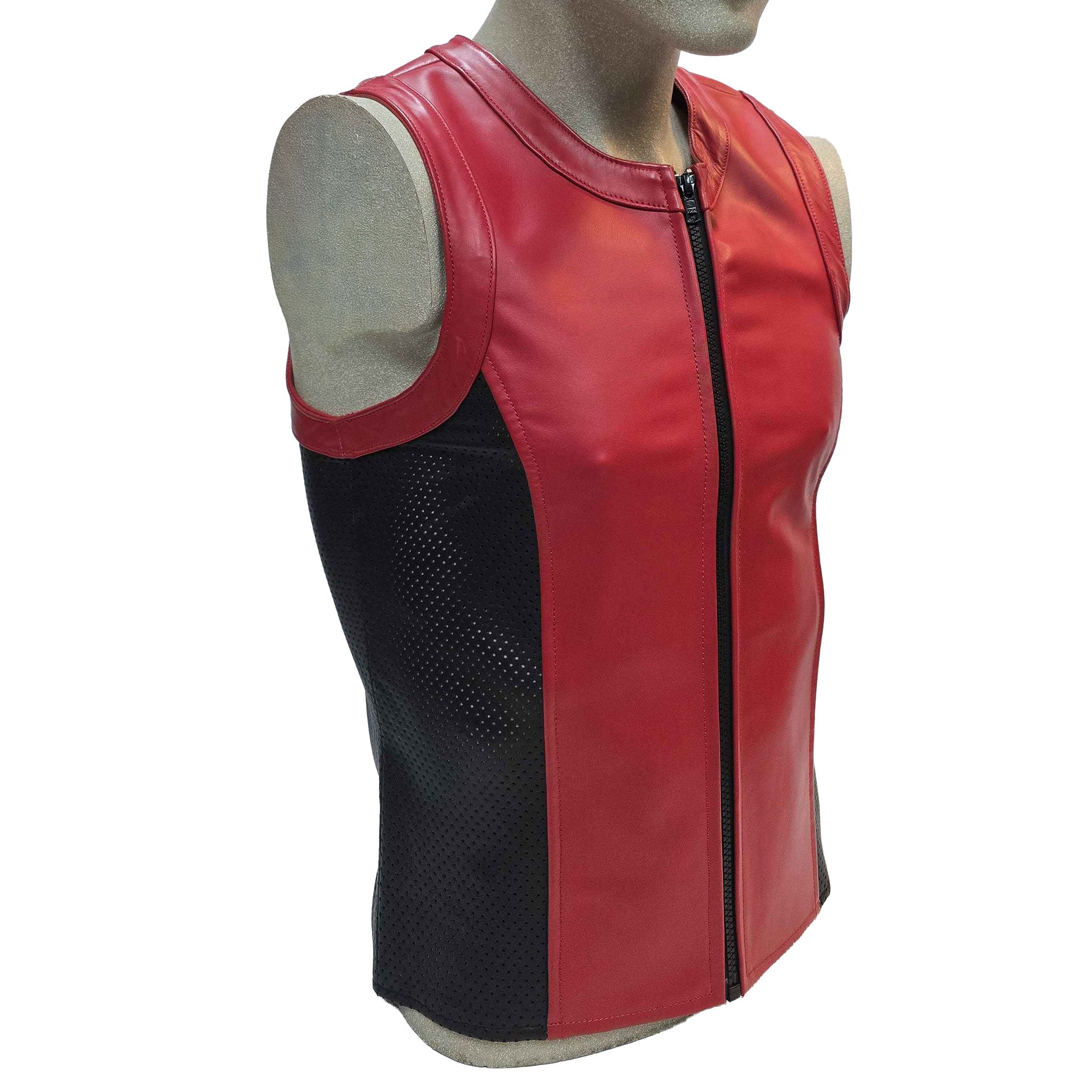 Leather genuine-leather apparel tops vest sleeveless zipper front-zip full-zip full-length crew-neck neck-trim armhole-trim thrill-seeking sleek slim-fit close-fit fetish fashion alt-fashion clubwear partywear streetwear high-fashion costume cosplay halloween biker sportbike street-bike racing motorcycle motorsport racing-vest athletic superhero super-hero valentines gifts male masculine masc mens menswear guys dudes red black