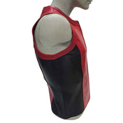 Leather genuine-leather apparel tops vest sleeveless zipper front-zip full-zip full-length crew-neck neck-trim armhole-trim thrill-seeking sleek slim-fit close-fit fetish fashion alt-fashion clubwear partywear streetwear high-fashion costume cosplay halloween biker sportbike street-bike racing motorcycle motorsport racing-vest athletic superhero super-hero valentines gifts male masculine masc mens menswear guys dudes red black