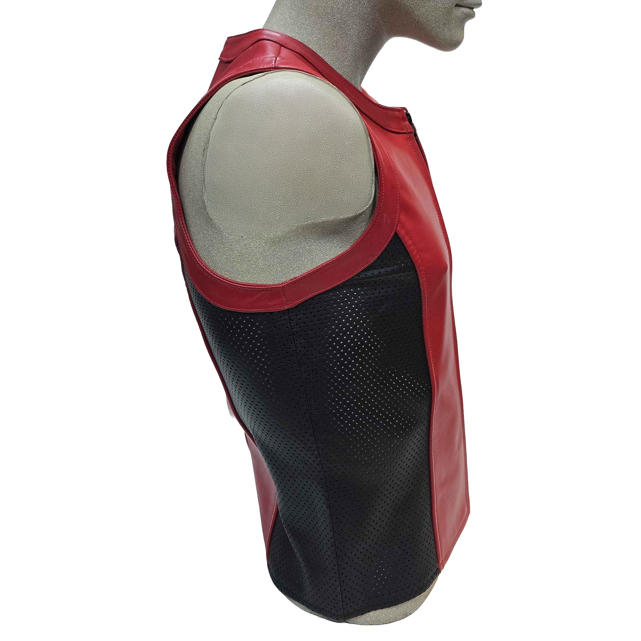 Leather genuine-leather apparel tops vest sleeveless zipper front-zip full-zip full-length crew-neck neck-trim armhole-trim thrill-seeking sleek slim-fit close-fit fetish fashion alt-fashion clubwear partywear streetwear high-fashion costume cosplay halloween biker sportbike street-bike racing motorcycle motorsport racing-vest athletic superhero super-hero valentines gifts male masculine masc mens menswear guys dudes red black