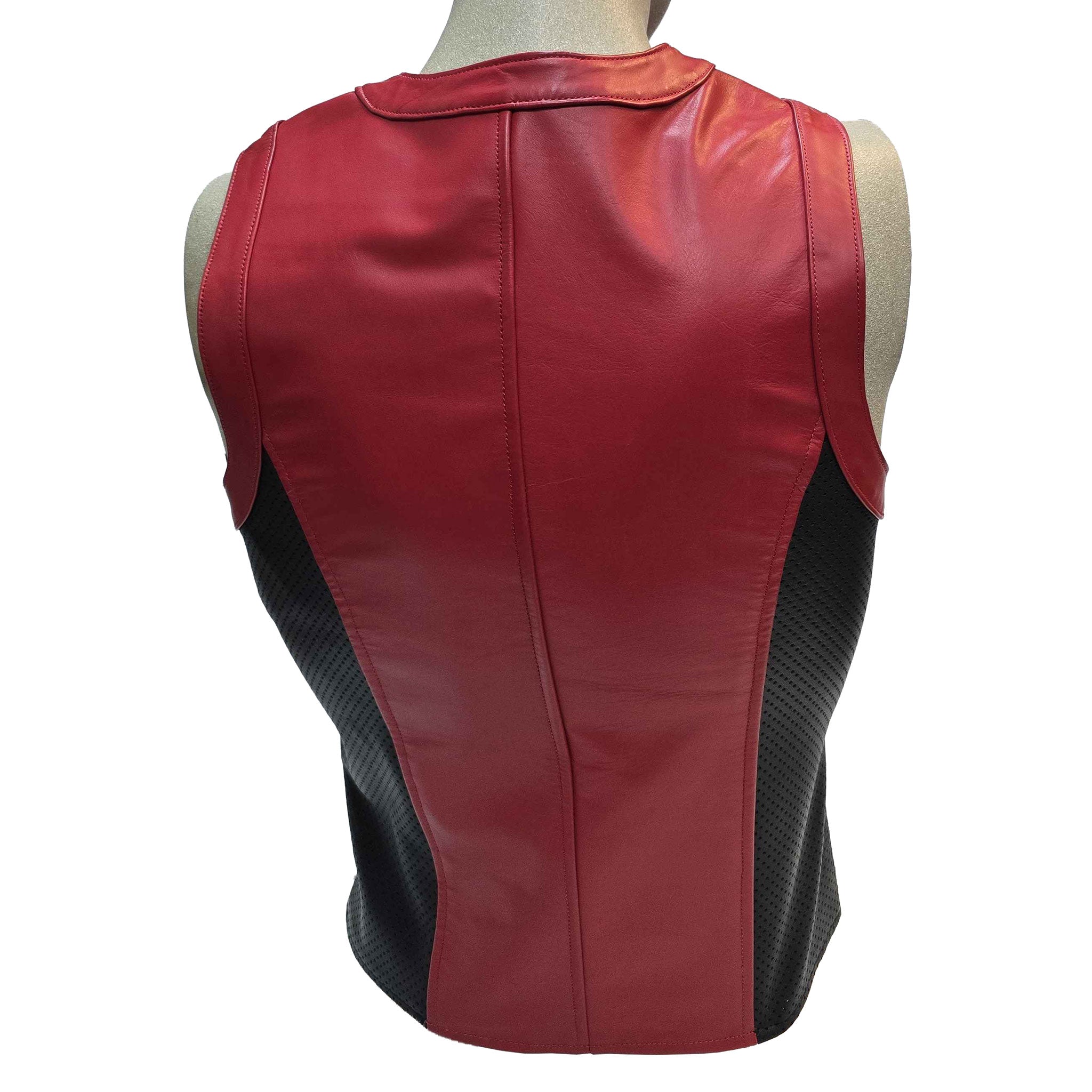 Leather genuine-leather apparel tops vest sleeveless zipper front-zip full-zip full-length crew-neck neck-trim armhole-trim thrill-seeking sleek slim-fit close-fit fetish fashion alt-fashion clubwear partywear streetwear high-fashion costume cosplay halloween biker sportbike street-bike racing motorcycle motorsport racing-vest athletic superhero super-hero valentines gifts male masculine masc mens menswear guys dudes red black