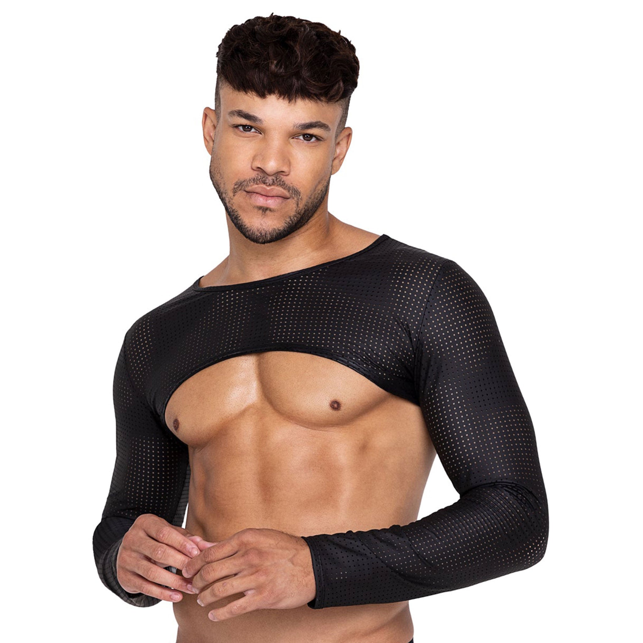 Nylon spandex apparel tops crop-top croptop bolero perforated hole-punched longsleeve long-sleeve sleeves sleeved pullover pull-over crew-neck breathable stretchy comfortable lightweight versatile fetish fashion alt-fashion punk cyber cyberpunk male masculine masc guys dudes black