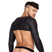 Nylon spandex apparel tops crop-top croptop bolero perforated hole-punched longsleeve long-sleeve sleeves sleeved pullover pull-over crew-neck breathable stretchy comfortable lightweight versatile fetish fashion alt-fashion punk cyber cyberpunk male masculine masc guys dudes black
