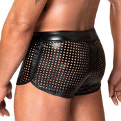 Wetlook power powerwetlook apparel bottoms intimates underwear lingerie shorts boxer-shorts boxer-briefs perforated laser cut lazer laser-cut lazer-cut elastic waistband drawstring nylon cording sexy stretchy breathable fetish fashion alt-fashion alternative ravewear kink kinky kinkwear male masculine masc mens guys dudes noir black