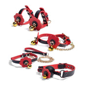 Leather faux-leather sleigh-bells silicone jingling-bell accessories restraints bondage-kit restraint-set mouth-gag ball-gag wrist-cuffs ankle-cuffs wrist ankle cuffs collar leash lead chain-leash detachable-chain adjustable comfortable flower floral diecut die-cut snug comfortable control seductive playful elegant obedient obedience bondage bdsm kink kinky kinky-play pet-play pet-training animal adult-toys bdsm-toys red black gold