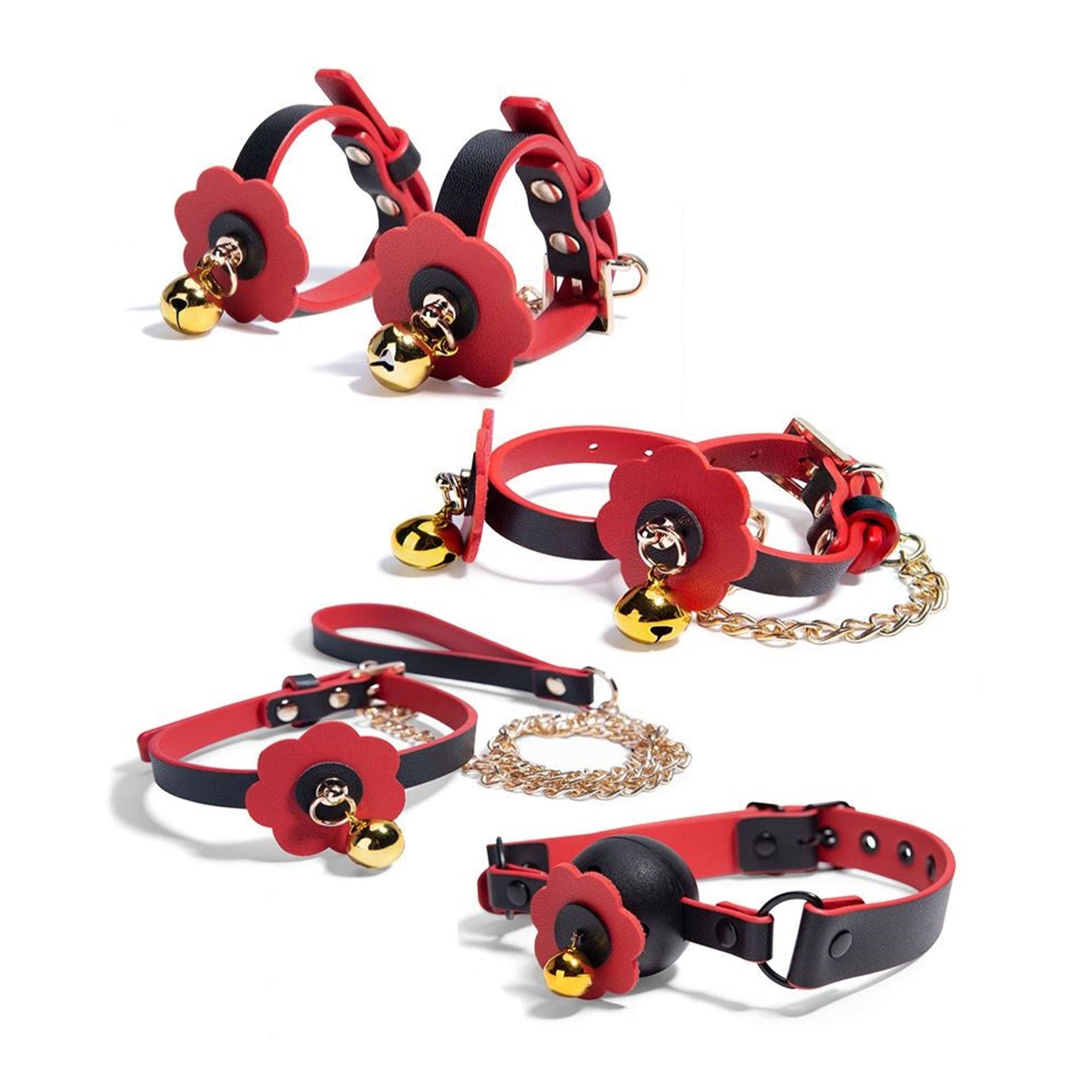 Leather faux-leather sleigh-bells silicone jingling-bell accessories restraints bondage-kit restraint-set mouth-gag ball-gag wrist-cuffs ankle-cuffs wrist ankle cuffs collar leash lead chain-leash detachable-chain adjustable comfortable flower floral diecut die-cut snug comfortable control seductive playful elegant obedient obedience bondage bdsm kink kinky kinky-play pet-play pet-training animal adult-toys bdsm-toys red black gold