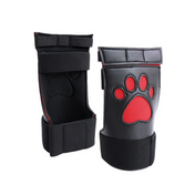 Pet play paw covers, black and red, adjustable bondage mittens, roleplay accessories, BDSM gear, fetish fashion.