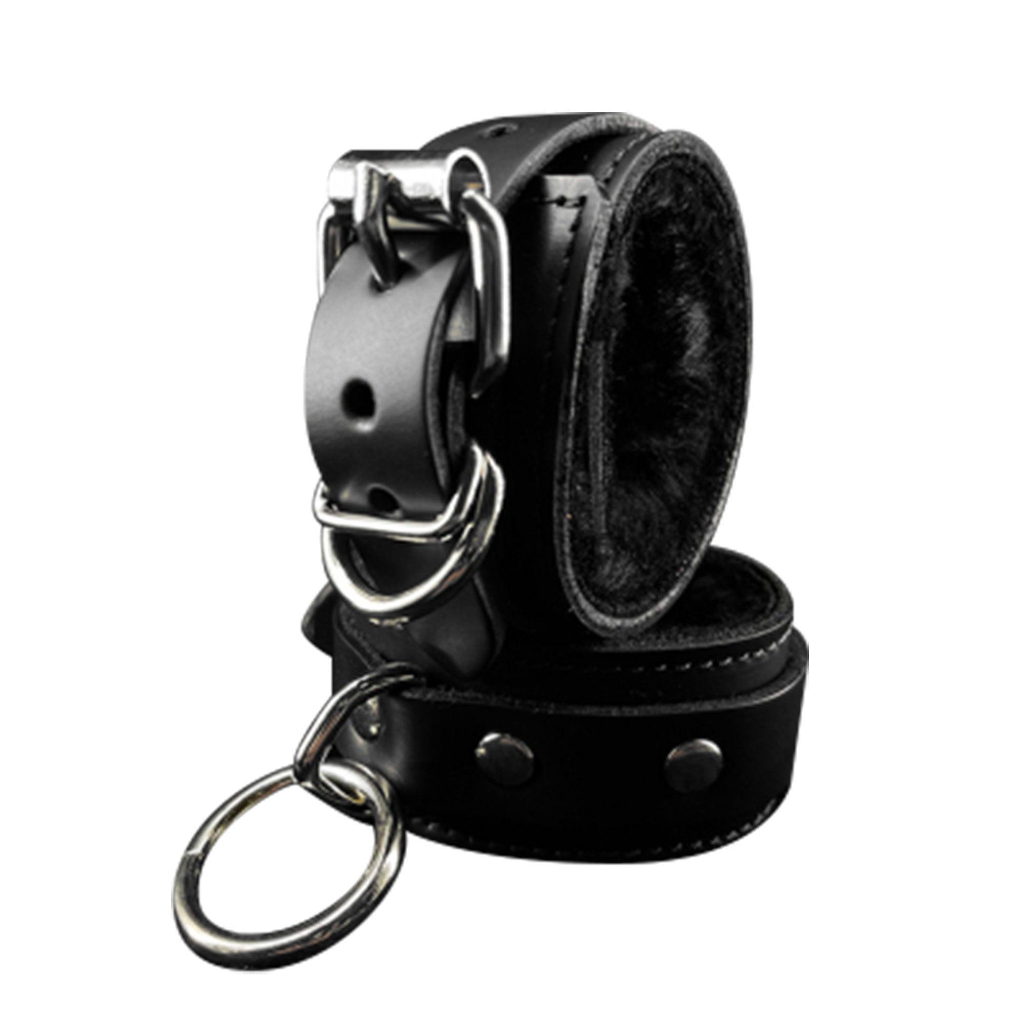 Leather latigo-leather faux-fur restraints cuffs wrist wristcuffs binders O-ring D-ring bondage bdsm bdsm-gear fetish fetish-fashion kink kinky-play kinky adult-toys black