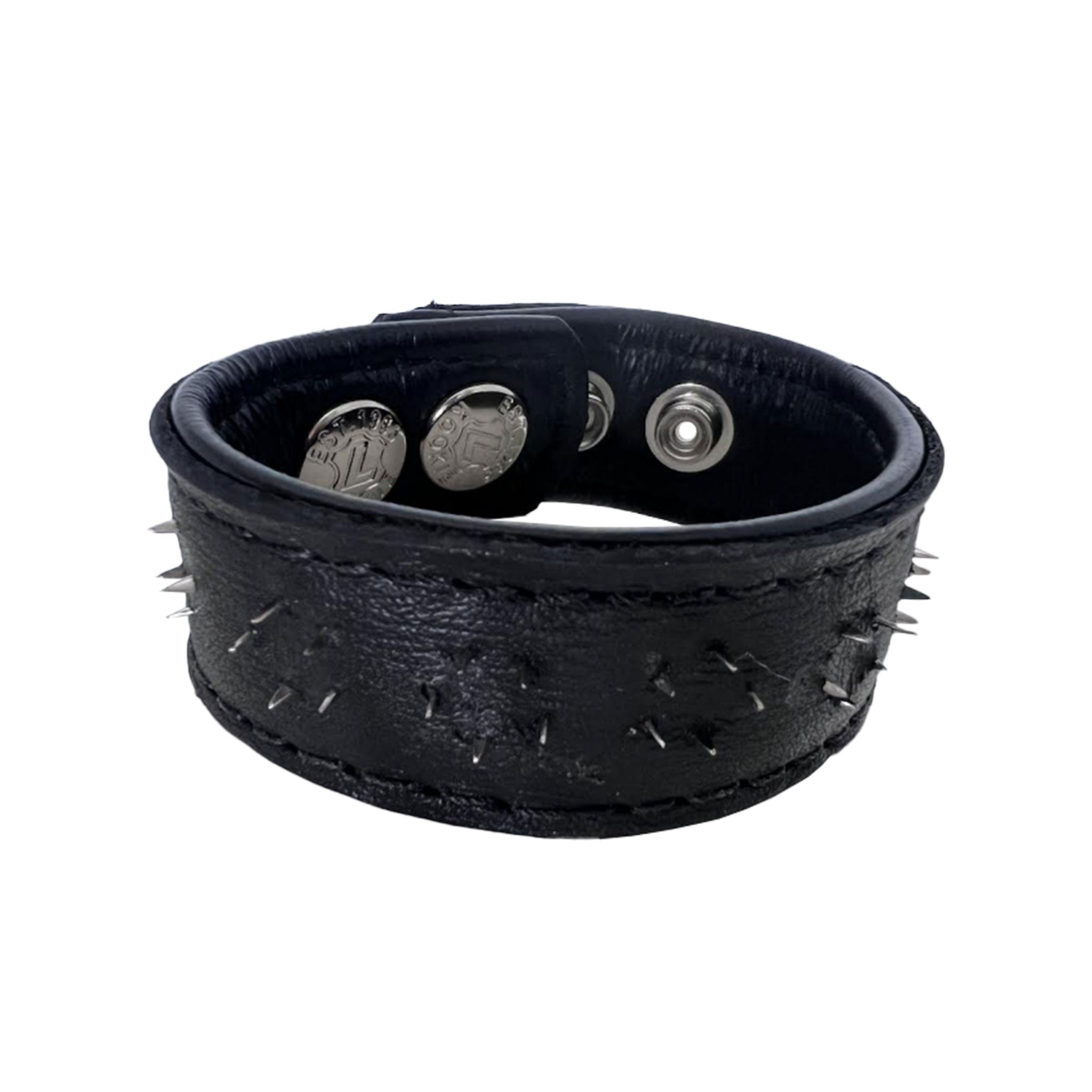 Leather genuine-leather real-leather accessories cock-ring cockring cock&ball cnb cbt c-ring spike spikes spiked nails phantom-nails sharp inside inner-surface adjustable snap-button press-stud snap-fasteners bondage bdsm sadism masochism pain kink kinky kinky-play kinky-toys sensation sensory-play sensory male masc masculine mens non-vibe nonvibe adult-toys black