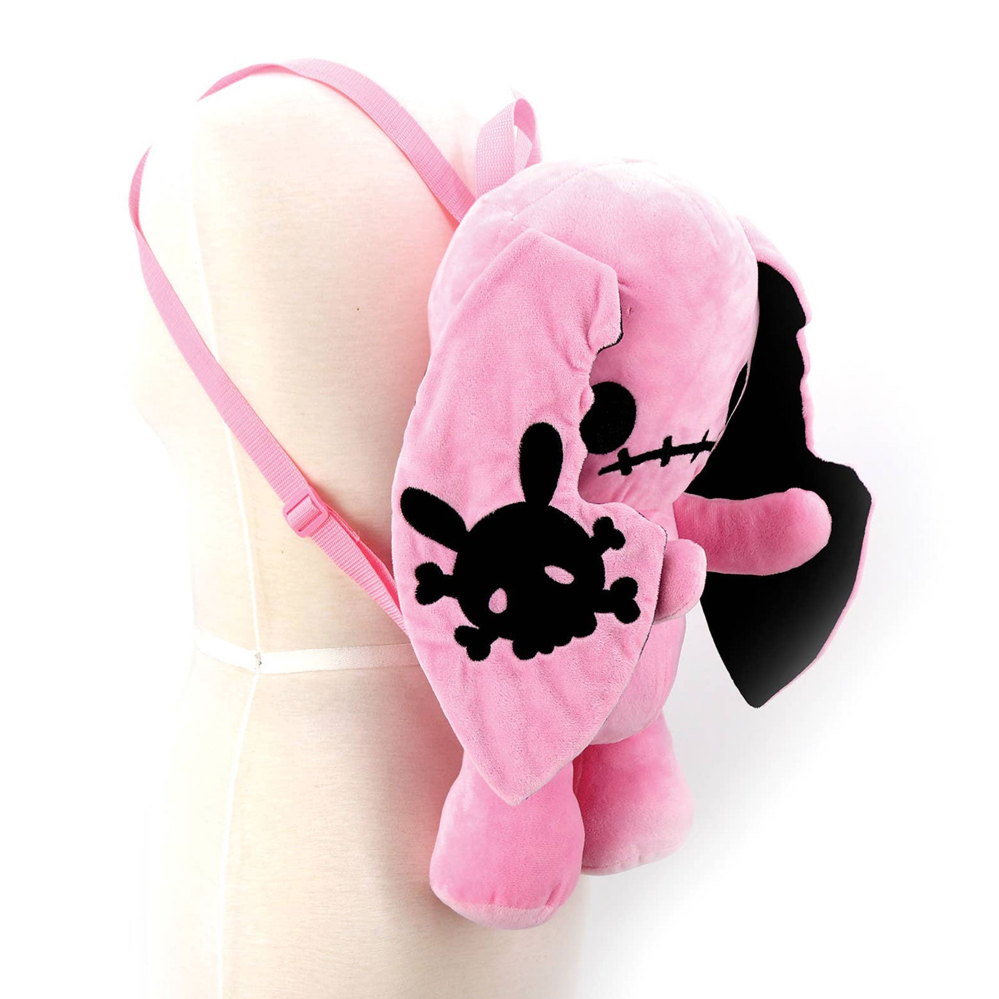 Plush plastic nylon accessories bag backpack novelty-backpack rabbit bunny stuffed-animal zipper back-zip top-handle adjustable shoulder-strap single-compartment fabric-lined cute quirky huggable whimsical playful edgy charming rebellious chaotic naughty fashion alt-fashion alternative punk cyber cyberpunk harajuku anime emo everyday casual costume cosplay halloween halloween-accessories holiday-shop gifts christmas-gift unisex pink