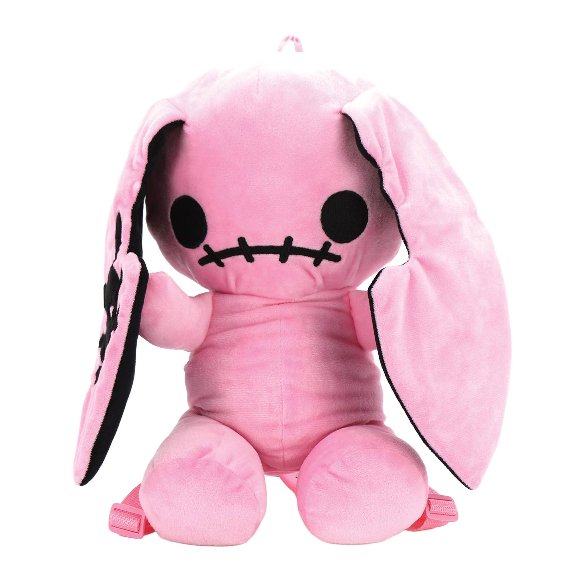 Plush plastic nylon accessories bag backpack novelty-backpack rabbit bunny stuffed-animal zipper back-zip top-handle adjustable shoulder-strap single-compartment fabric-lined cute quirky huggable whimsical playful edgy charming rebellious chaotic naughty fashion alt-fashion alternative punk cyber cyberpunk harajuku anime emo everyday casual costume cosplay halloween halloween-accessories holiday-shop gifts christmas-gift unisex pink