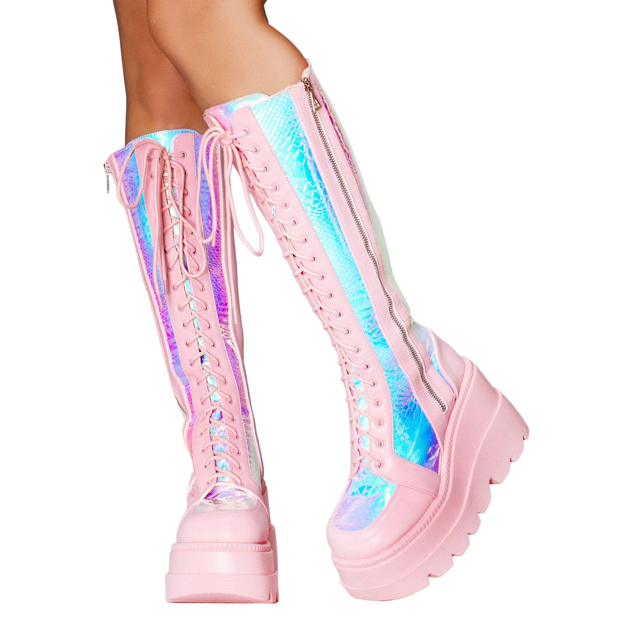 Leather vegan-leather accessories footwear boot platform-boot chunky-platform lace-up knee-high knee-hi rounded-toe zipper side-zip inside-zip embroidered-logo textured-outsole lightweight cute fetish fashion alt-fashion rave ravewear raver-babe clubwear cyber cyberpunk cybergoth festival costume cosplay halloween fairy fairy-kiss female femme feminine womens pink iridescent iridescent-snakeskin