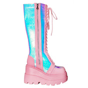 Leather vegan-leather accessories footwear boot platform-boot chunky-platform lace-up knee-high knee-hi rounded-toe zipper side-zip inside-zip embroidered-logo textured-outsole lightweight cute fetish fashion alt-fashion rave ravewear raver-babe clubwear cyber cyberpunk cybergoth festival costume cosplay halloween fairy fairy-kiss female femme feminine womens pink iridescent iridescent-snakeskin