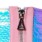 Leather vegan-leather accessories footwear boot platform-boot chunky-platform lace-up knee-high knee-hi rounded-toe zipper side-zip inside-zip embroidered-logo textured-outsole lightweight cute fetish fashion alt-fashion rave ravewear raver-babe clubwear cyber cyberpunk cybergoth festival costume cosplay halloween fairy fairy-kiss female femme feminine womens pink iridescent iridescent-snakeskin