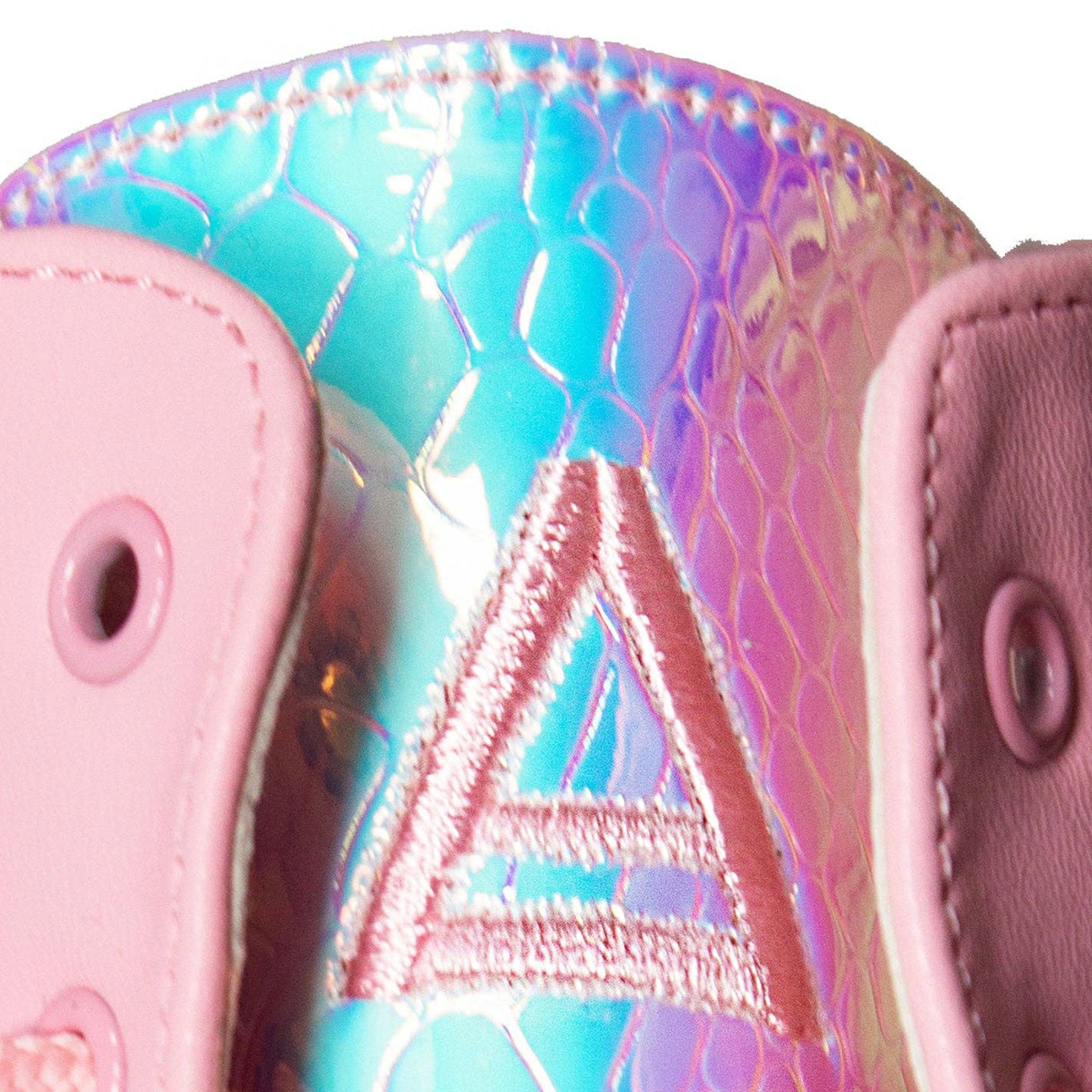 Leather vegan-leather accessories footwear boot platform-boot chunky-platform lace-up knee-high knee-hi rounded-toe zipper side-zip inside-zip embroidered-logo textured-outsole lightweight cute fetish fashion alt-fashion rave ravewear raver-babe clubwear cyber cyberpunk cybergoth festival costume cosplay halloween fairy fairy-kiss female femme feminine womens pink iridescent iridescent-snakeskin