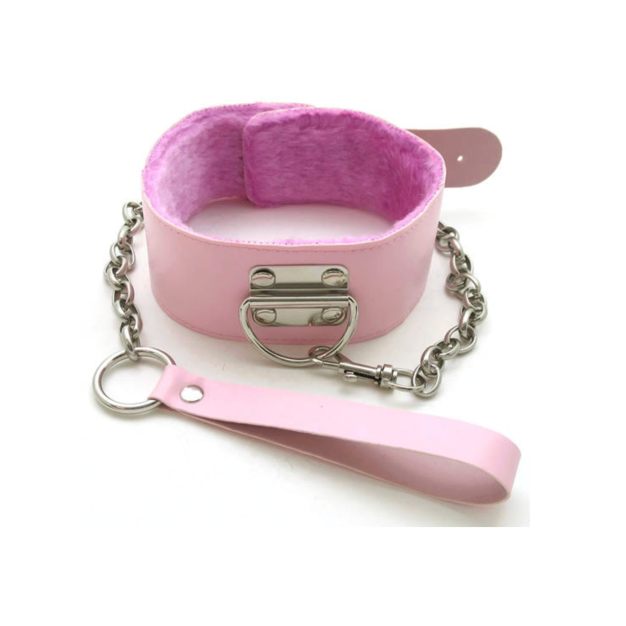 pink fur lined locking collar leather bdsm neck collar steel chain leash fetish restraint accessory