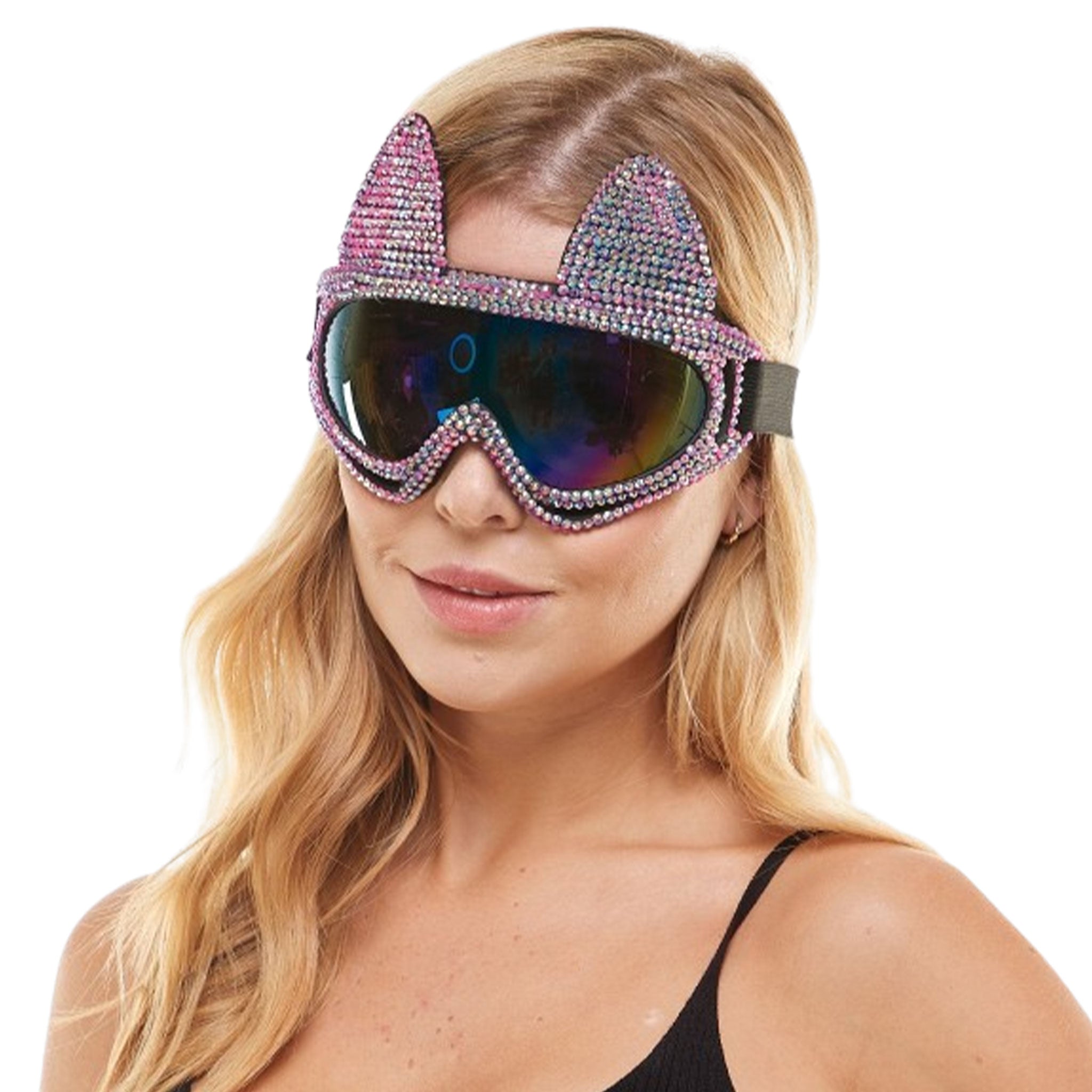 Plastic foam elastic rhinestone accessories headgear eyewear goggles ski-goggles padded eyeframes animal animal-ears animal-play pet-play extra-cute cat kitty kitten burner costumes cosplay raver ravewear festival festival-wear burning-man bonnaroo wasteland pink