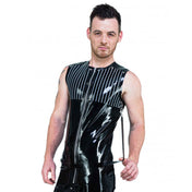 Latex rubber plain printed pin-striped striped top shirt tanktop tank-top sleeveless rivets front-zip ful-zip zipper bondage-strap detachable D-ring classic shiny glossy fetish fashion alt-fashion bdsm dog-clips halloween male masculine masc mens menswear guys dudes black white