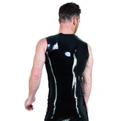 Latex rubber plain printed pin-striped striped top shirt tanktop tank-top sleeveless rivets front-zip ful-zip zipper bondage-strap detachable D-ring classic shiny glossy fetish fashion alt-fashion bdsm dog-clips halloween male masculine masc mens menswear guys dudes black white