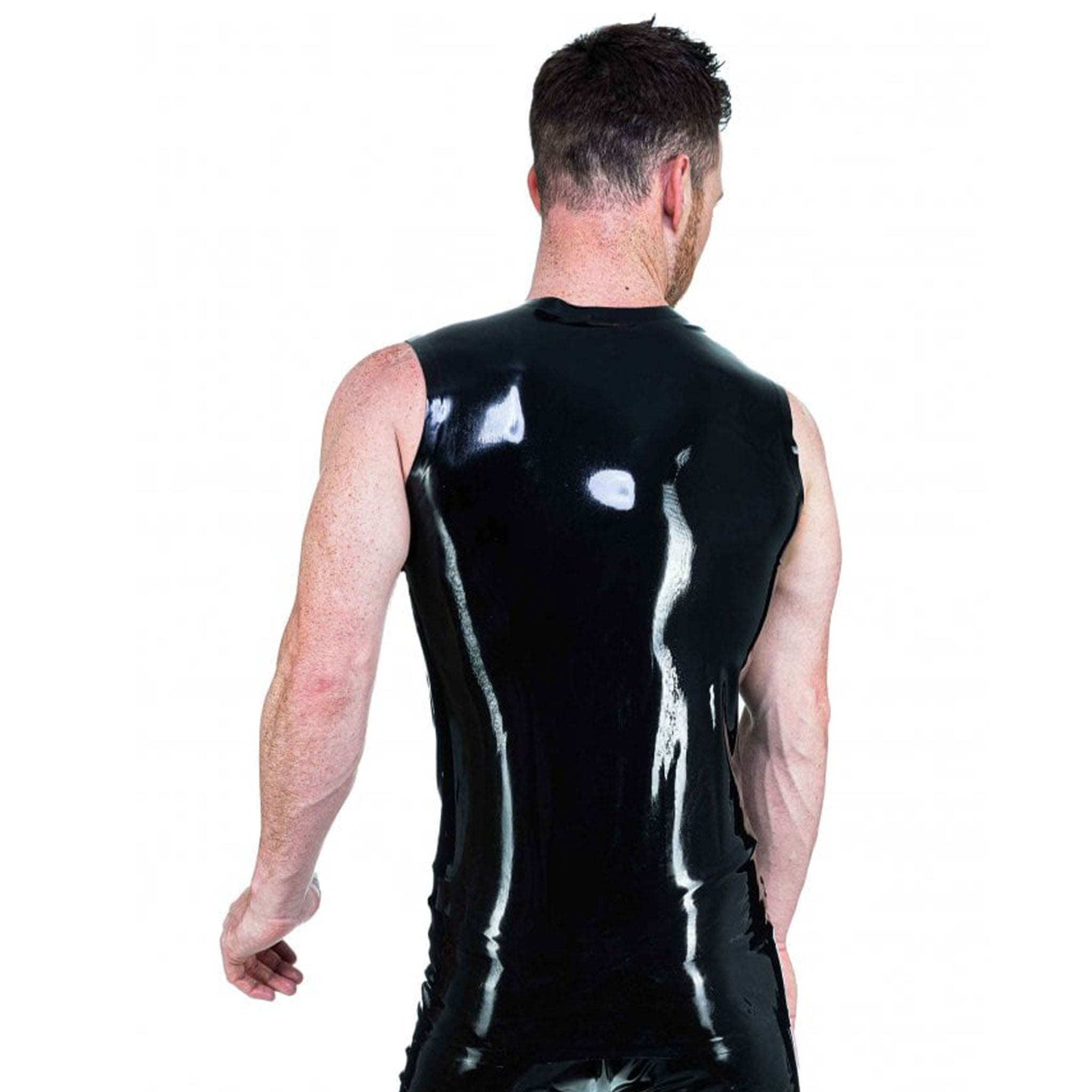 Latex rubber plain printed pin-striped striped top shirt tanktop tank-top sleeveless rivets front-zip ful-zip zipper bondage-strap detachable D-ring classic shiny glossy fetish fashion alt-fashion bdsm dog-clips halloween male masculine masc mens menswear guys dudes black white