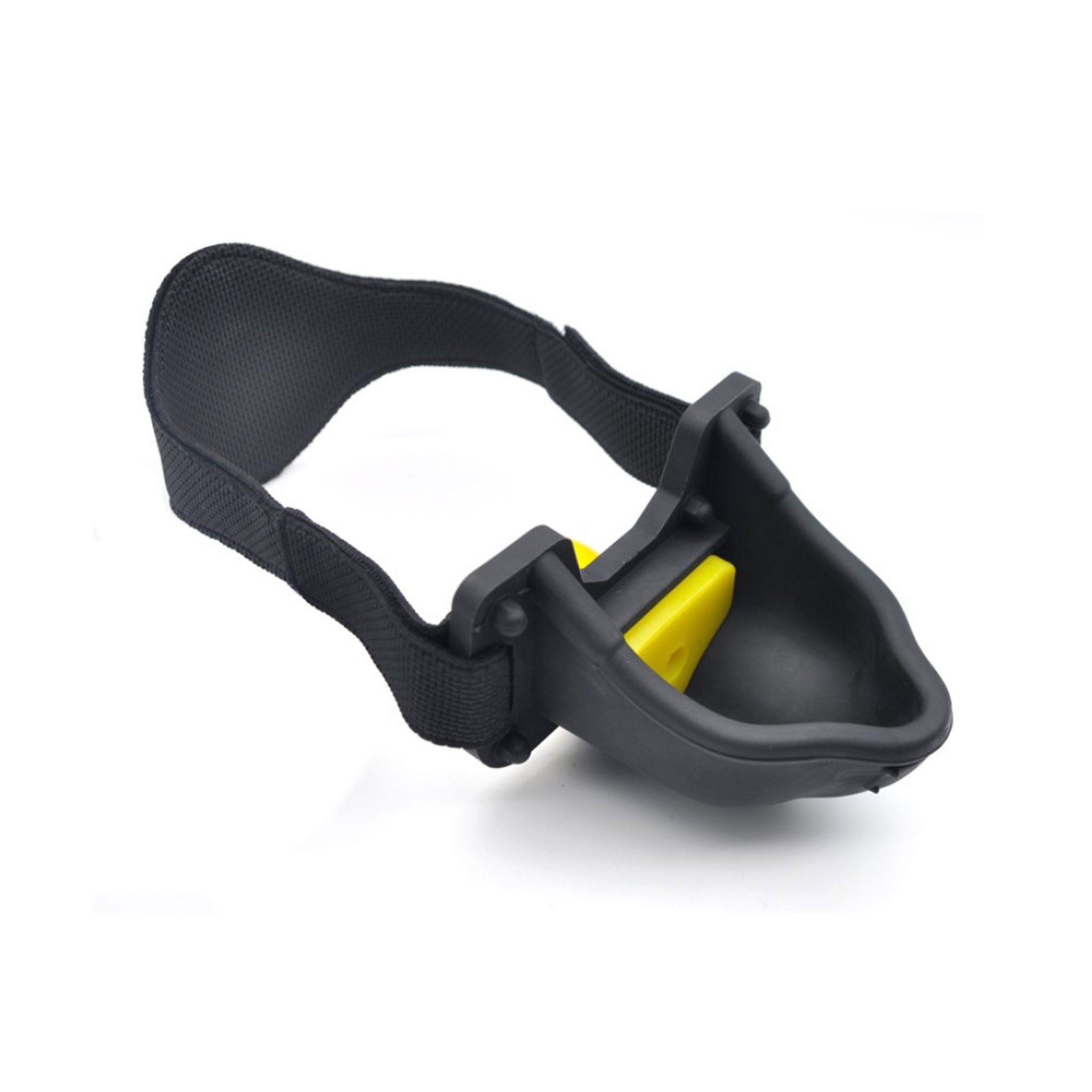 Silicone platinum-cured neoprene velcro mouth gag mouth-gag bowl interchangeable spout urinal urophile urophilia urine pee pee-pee peepee piss piss-play watersports water-sports kink kinky kinky-play bondage bdsm bdsm-gear adult-toys black yellow