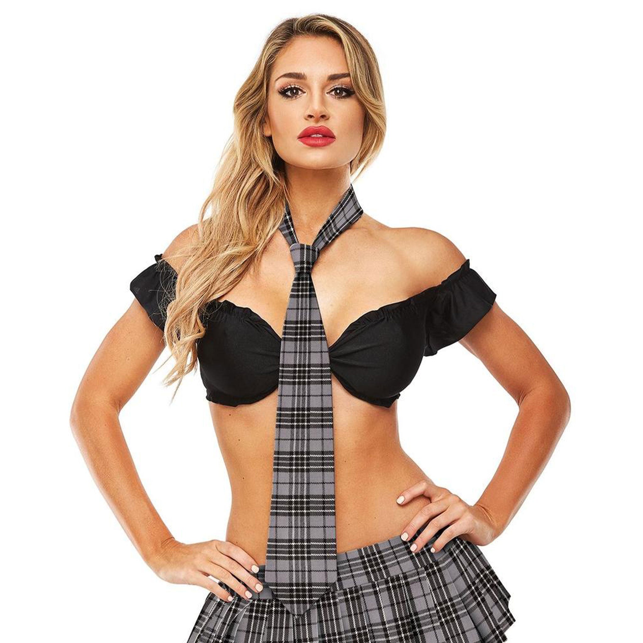Polyester intimates lingerie accessories tie necktie neck-tie clubwear school schoolgirl school-uniform uniform executive classroom boardroom bedroom sexy naughty festival costumes cosplay halloween discipline roleplay role-play back-to-school back2school unisex plaid gray grey