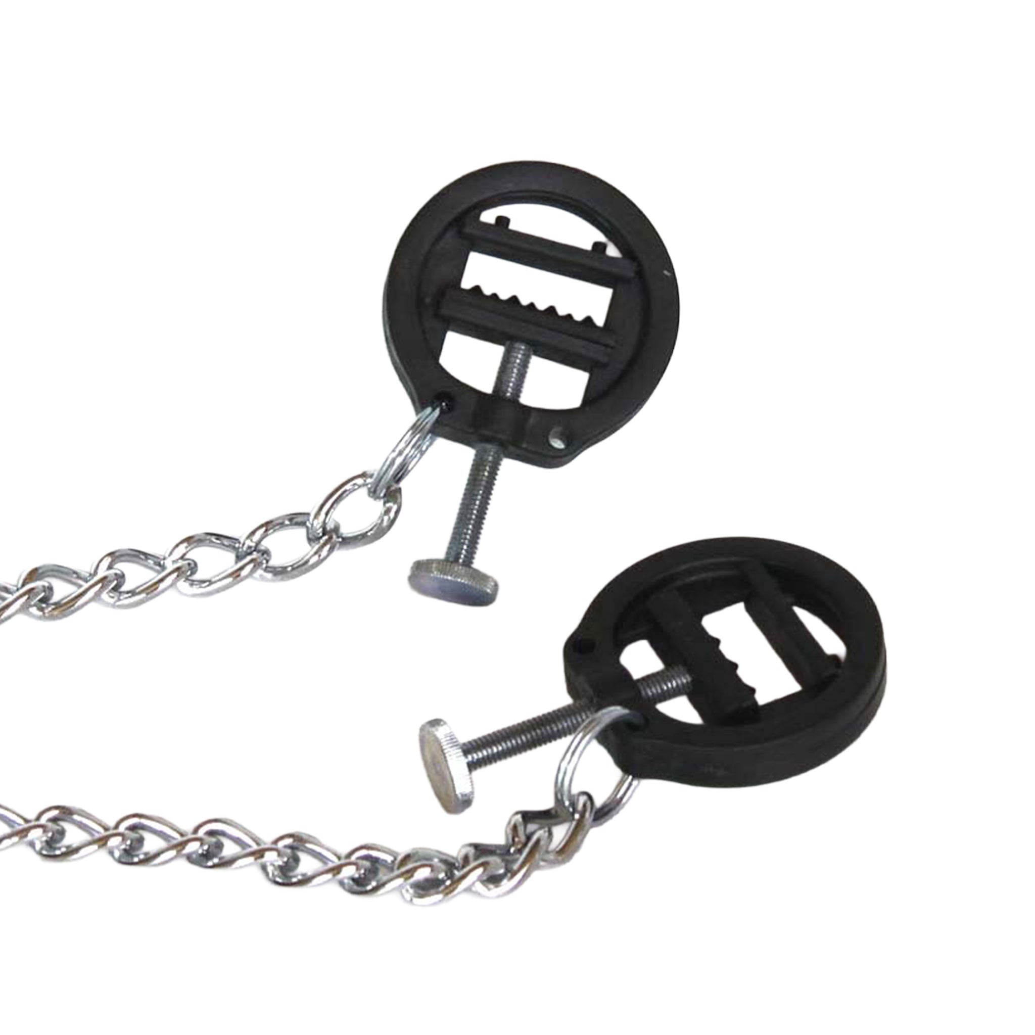 Plastic metallic-chain nipple nipple-play nipple-clamp plastic-teeth spiked spikes spike pinching pinch pressure thumbscrews thumb-screws adjustable connecting-chain tension lightweight precise firm controlled fetish fashion alt-fashion bedroom bondage bdsm bdsm-gear bdsm-toys restraint masochism masochist sadomasochism sadomasochist kink kinky kinky-toys erotic-play punishment pain costume cosplay gifts stocking-stuffers unisex adult-toys black