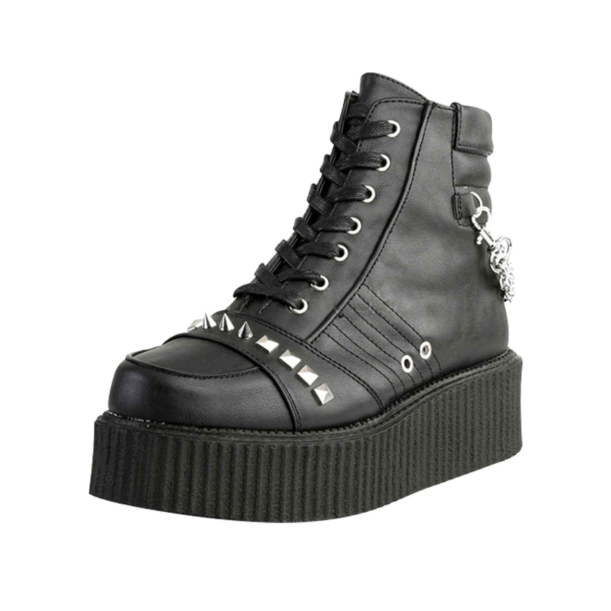 Vegan leather synthetic footwear boot bootie low-rise platform oxford creeper laceup lace-up stud studs studded pyramid spike spikes spiked chain hanging removable detachable inside zip zipper fashion fetish-fashion alt-fashion men men's male masculine black