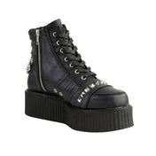 Vegan leather synthetic footwear boot bootie low-rise platform oxford creeper laceup lace-up stud studs studded pyramid spike spikes spiked chain hanging removable detachable inside zip zipper fashion fetish-fashion alt-fashion men men's male masculine black
