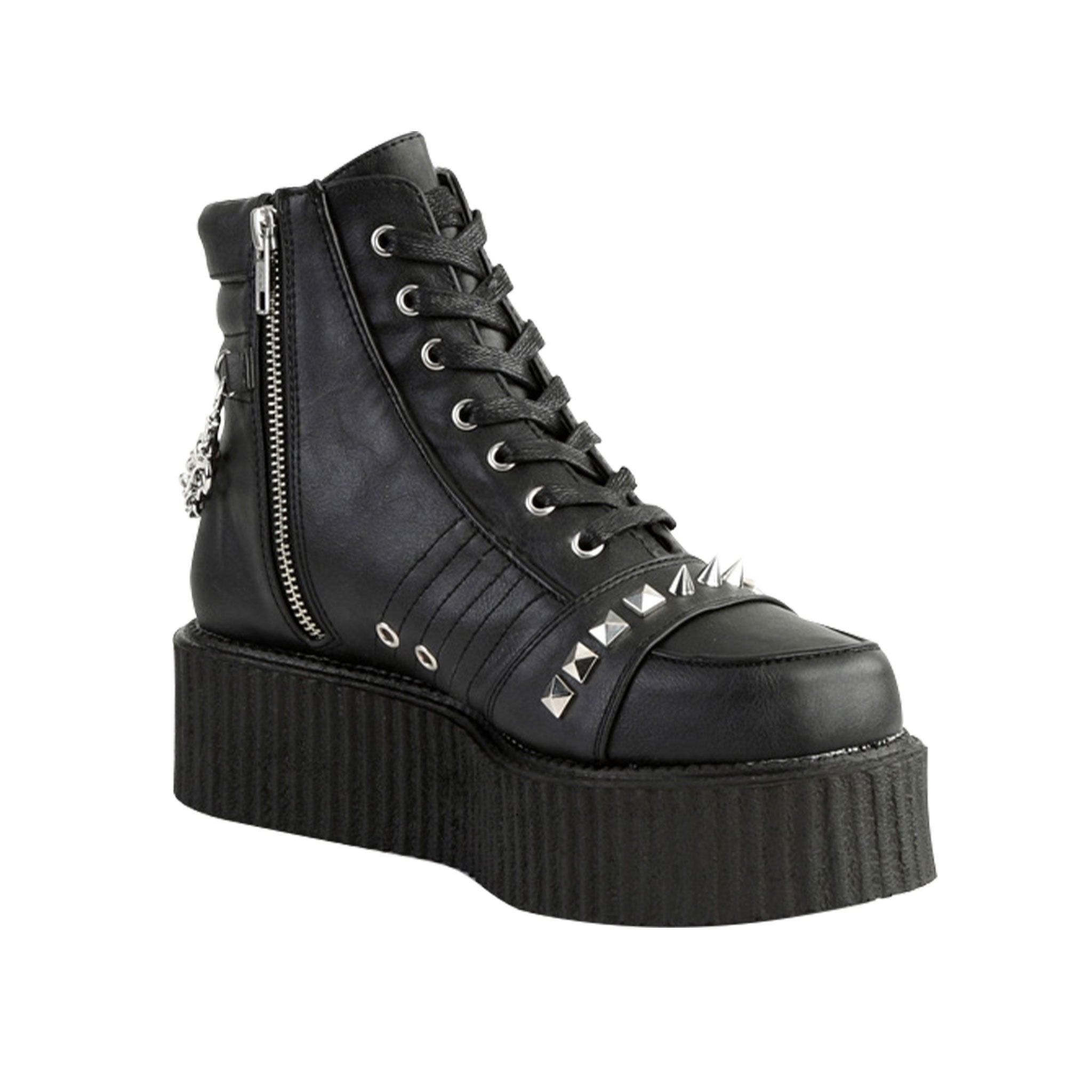 Vegan leather synthetic footwear boot bootie low-rise platform oxford creeper laceup lace-up stud studs studded pyramid spike spikes spiked chain hanging removable detachable inside zip zipper fashion fetish-fashion alt-fashion men men's male masculine black