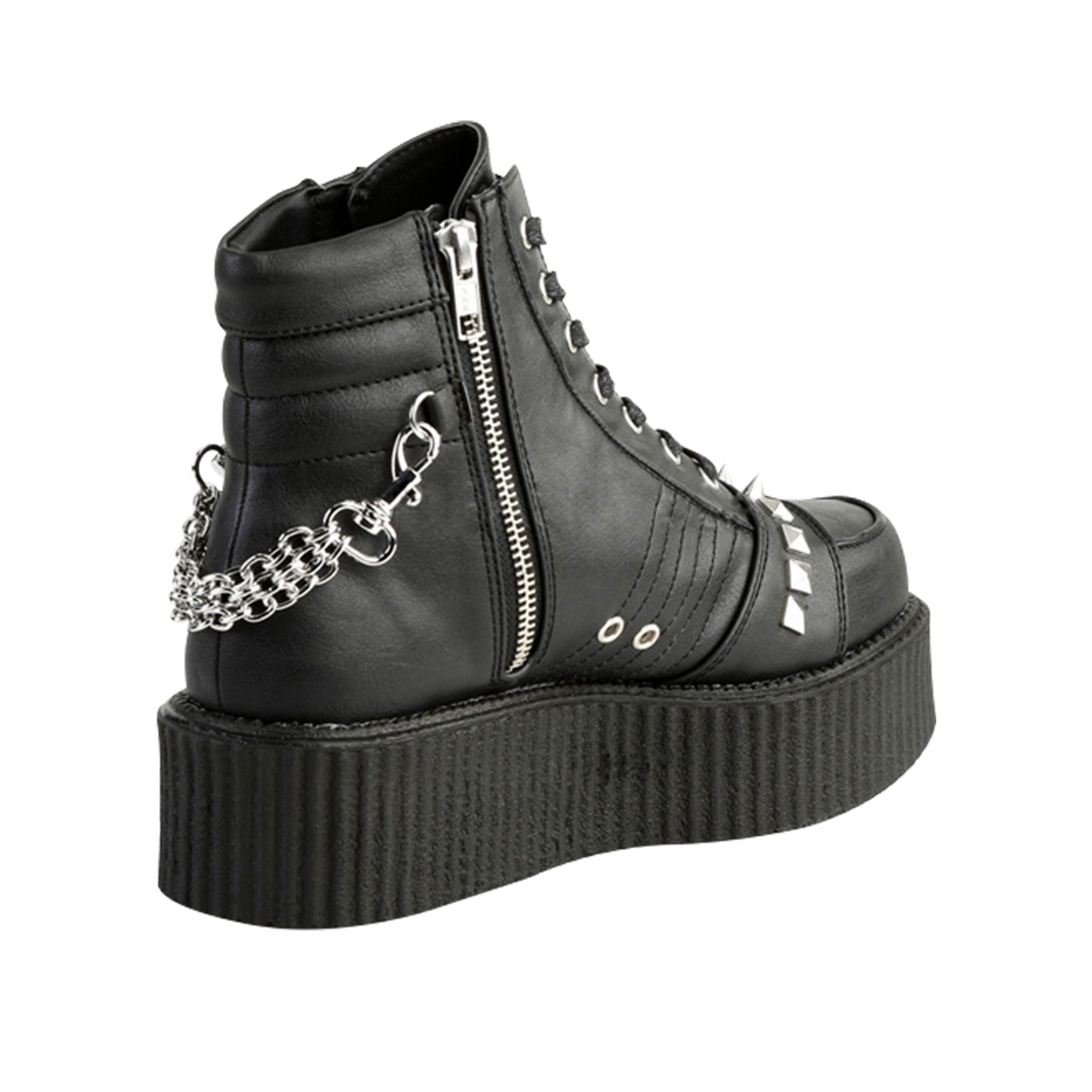 Vegan leather synthetic footwear boot bootie low-rise platform oxford creeper laceup lace-up stud studs studded pyramid spike spikes spiked chain hanging removable detachable inside zip zipper fashion fetish-fashion alt-fashion men men's male masculine black