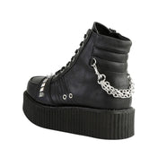 Vegan leather synthetic footwear boot bootie low-rise platform oxford creeper laceup lace-up stud studs studded pyramid spike spikes spiked chain hanging removable detachable inside zip zipper fashion fetish-fashion alt-fashion men men's male masculine black